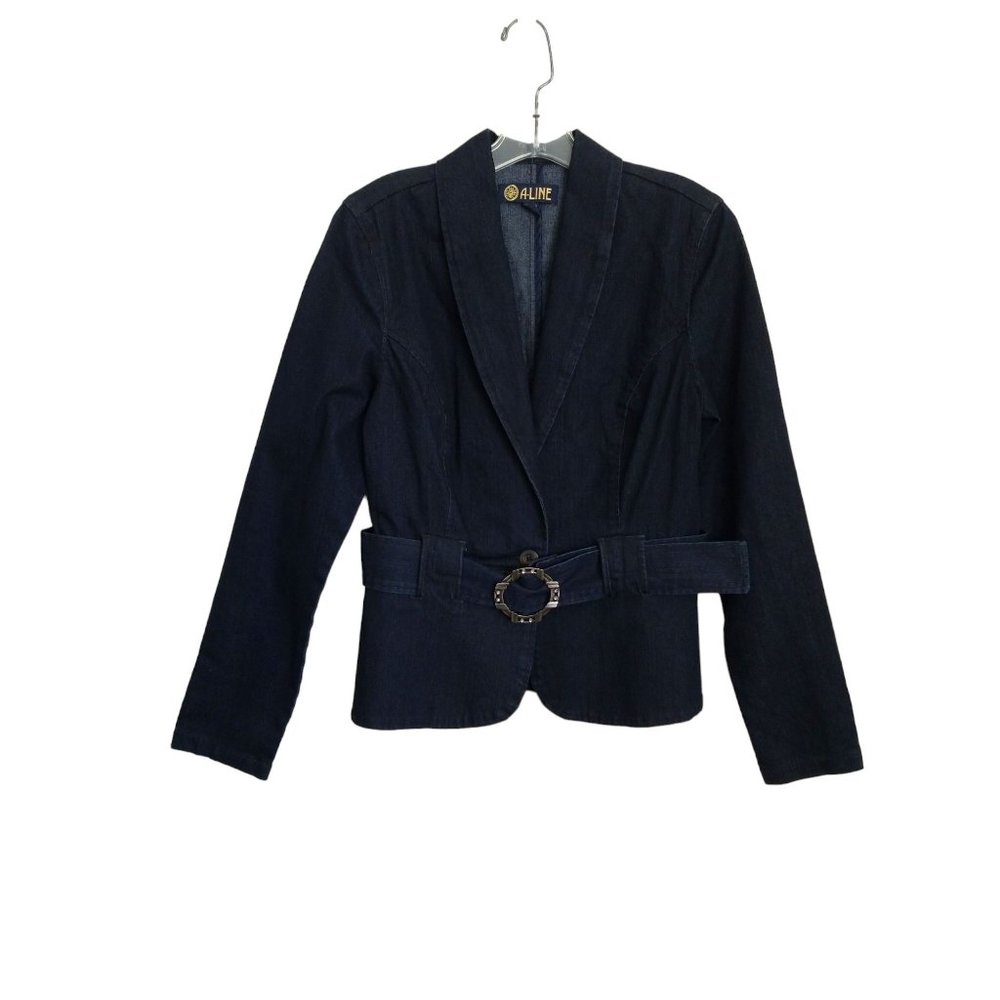 A-Line Dark Wash Belted Denim Blazer Jacket Women's Size Small